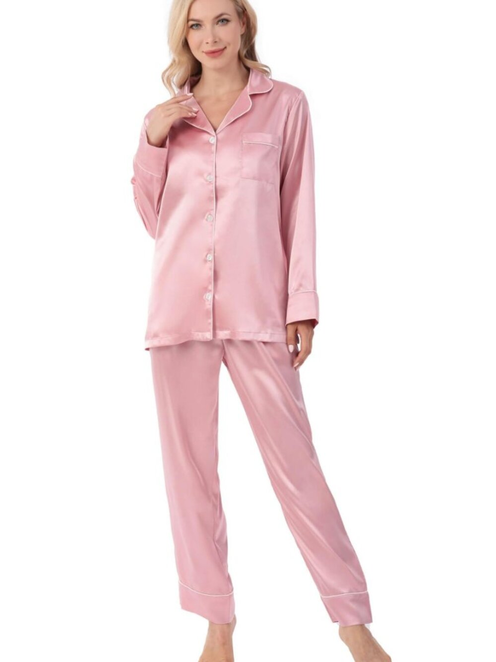 Crescentt Pink Silk Satin Pajama Set with Eye Mask – Luxury Sleepwear